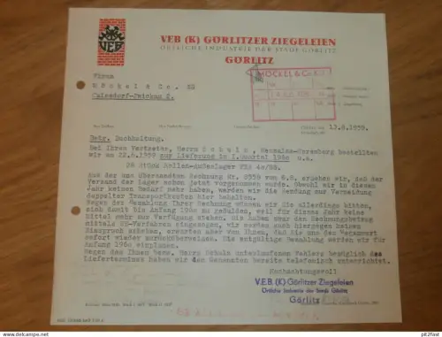VEB Ziegelei Görlitz , 1959 , altes Dokument , Reklame / Werbung !