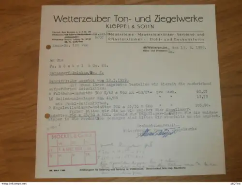 Ton- und Ziegelwerke - Klöppel & Sohn in Wetterzeube , 1959 , altes Dokument , Reklame / Werbung !