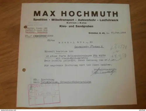 Max Hochmuth - Spedition und Kiesgrube in Dresden  , 1959 , altes Dokument , Reklame / Werbung !
