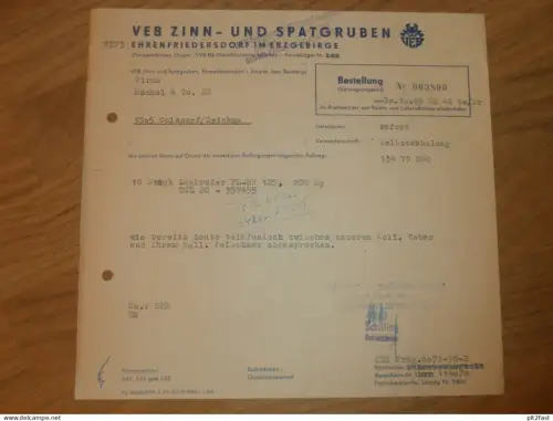 VEB Zinn- und Spatgruben in Ehrenfriedersdorf i. Erzgebirge , 1969 , Herr Schilling altes Dokument , Reklame / Werbung !