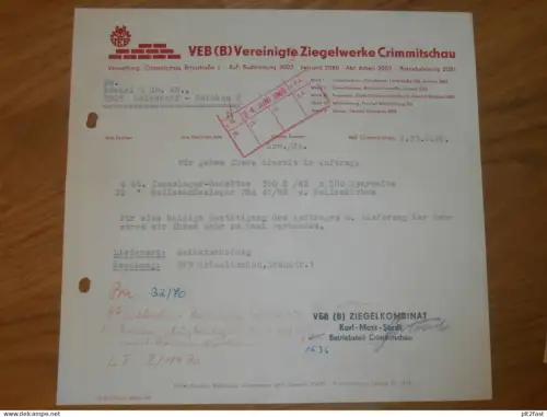 VEB Ziegelwerke Crimmitschau , 1969 , altes Dokument , Reklame / Werbung !