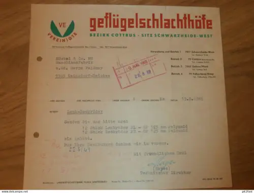 VEB Geflügelschlachthöfe in Schwarzheide b. Cottbus  , 1969 , Herr Heyse , altes Dokument , Reklame / Werbung !