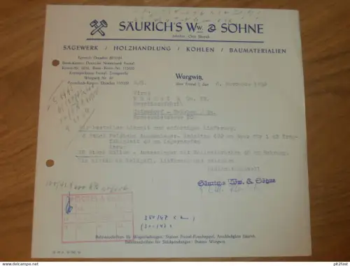 Sägewerk - Otto Säurich in Wurgwitz b. Freital , 1959 ,  altes Dokument , Reklame / Werbung !!