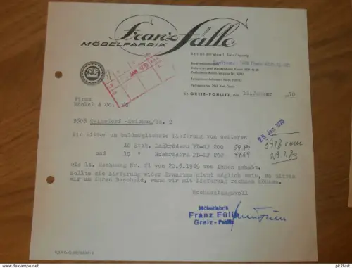 Möbelfabrik - Franz Fülle in Greiz - Pohlitz , 1970 , Herr Gerlach ,  altes Dokument , Reklame / Werbung !!