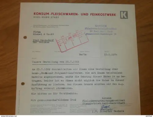 Konsum - Fleischwaren und Feinkost in Karl-Marx-Stadt , 1970 , Herr Gerlach ,  altes Dokument , Reklame / Werbung !!