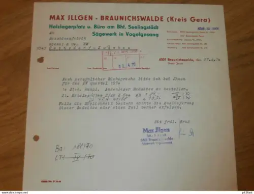 Holzlager - Max Illgen in Braunichswalde b. Gera , Bhf. Seelingstädt , 1970 , Vogelsang  Dokument , Reklame / Werbung !!