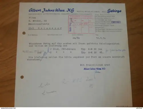 Metallwarenfabrik - Albert Jahns KG in Gebirge b. Marienberg i. Sa , 1970 , altes Dokument , Reklame / Werbung !!