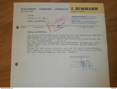 Färberei - F. Bemmann / U. Tetzner in Hartmannsdorf b. Karl-Marx-Stadt , 1970 , altes Dokument , Reklame / Werbung !!