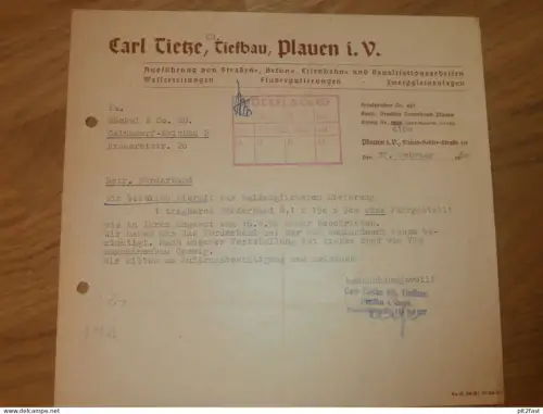 Tiefbau - Carl Tietze in Plauen i.V. , 1960 , Herr Steidten , altes Dokument , Reklame / Werbung !!