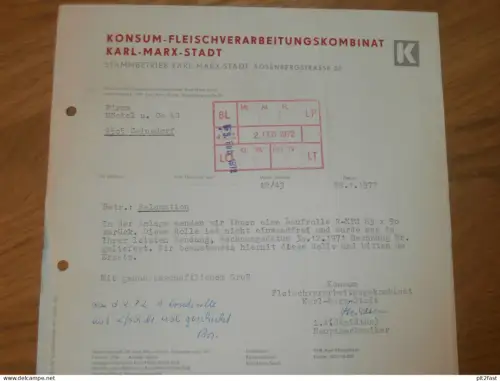 Konsum - Fleischverarbeitung in Karl-Marx-Stadt , 1972 , Herr Steidten , altes Dokument , Reklame / Werbung !!