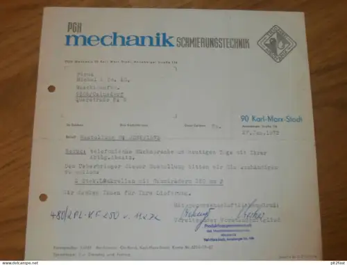 PGH Mechanik Schmierungstechnik in Karl-Marx-Stadt , 1972 , altes Dokument , Reklame / Werbung !!