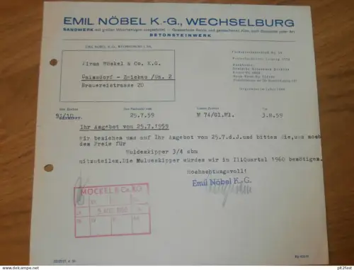 Sandwerk - Emil Nöbel KG in Wechselburg , 1959 , altes Dokument , Reklame / Werbung !!