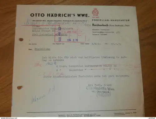 Porzellan Manufaktur - Otto Hädrich in Reichebach b. Stadtroda i. Thür. , 1970 , altes Dokument , Reklame / Werbung !!