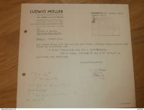 Bauunternehmen - Ludwig Müller in Leubnitz i.V. b. Plauen , 1959 , altes Dokument , Reklame / Werbung !!