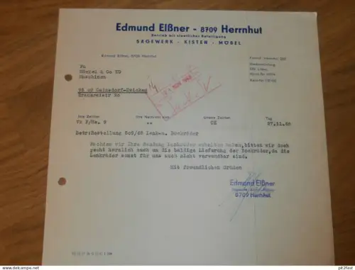 Sägewerk - Edmund Elßner in Herrnhut , 1968 , altes Dokument , Reklame / Werbung !!