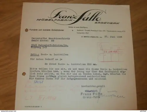 Möbelfabrik - Franz Fülle in Greiz Pohlitz , 1968 , altes Dokument , Reklame / Werbung !!