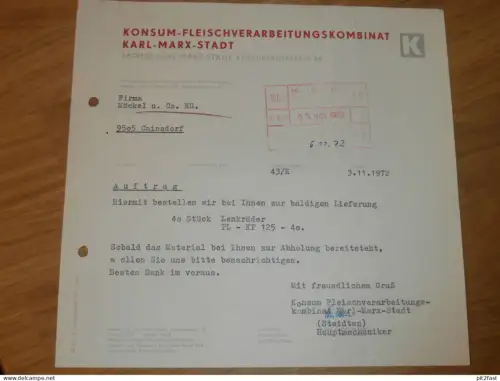 Konsum - Fleischverarbeitungskombinat Karl-Marx-Stadt , 1972 , Herr Steidten , altes Dokument , Reklame / Werbung !!
