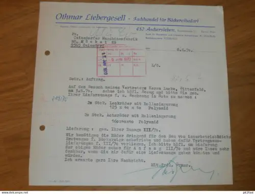 Bäckereibedarf - Otmar Liebergesell , 1970 , altes Dokument , Reklame / Werbung !!