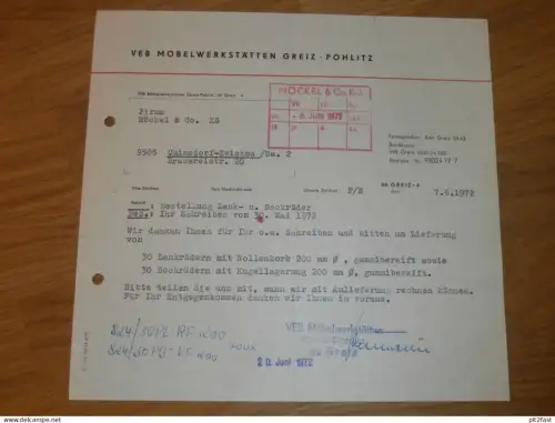 VEB Möbelwerkstatt Greiz - Pohlitz , 1972 , altes Dokument , Reklame / Werbung !!