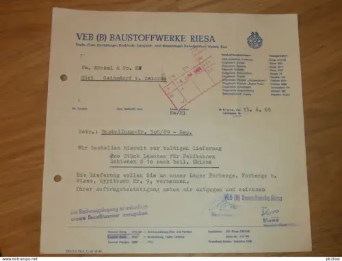 VEB Baustoffwerke Riesa , 1969 , Herr Knittel , Herr Blume , altes Dokument , Reklame / Werbung !!