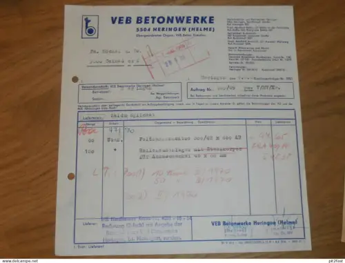 VEB Betonwerk in Heringen / Helme , 1969 , Herr Machleb , Herr Helbing , altes Dokument , Reklame / Werbung !!
