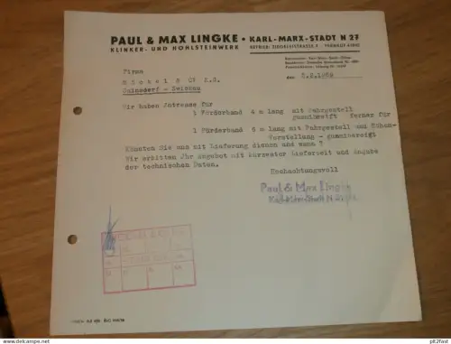 Klinkerwerk - Paul & Max Lingke in Karl Marx Stadt , 1959 , altes Dokument , Reklame / Werbung !!