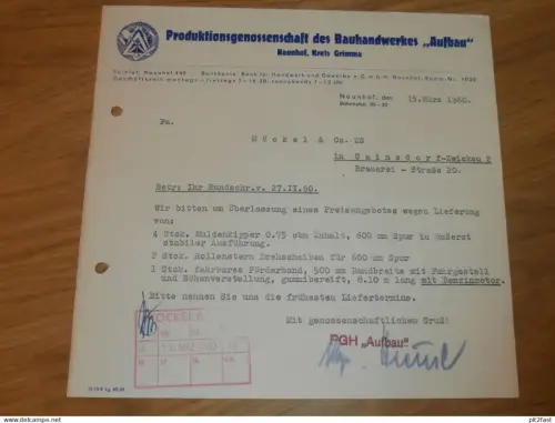 PGH des Bauhandwerks " Aufbau" in Naundorf b. Grimma , 1960 , altes Dokument , Reklame / Werbung !!