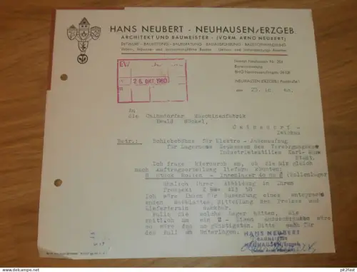 Architekt - Hans Neubert in Neuhausen i. Erzgebirge , 1960 , altes Dokument , Reklame / Werbung !!