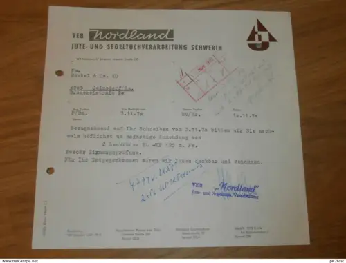 VEB Nordland - Jute- und Segeltuch Schwerin , 1970 , altes Dokument , Reklame / Werbung !!