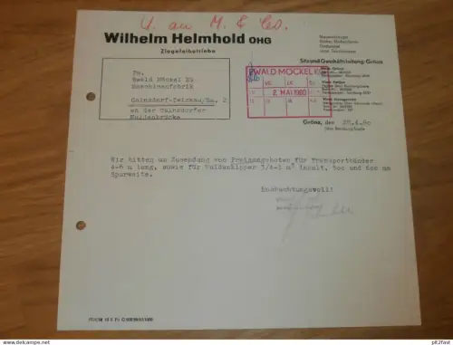 Ziegelei - Wilhelm Helmhold OHG in Gröna , 1960 , altes Dokument , Reklame / Werbung !!