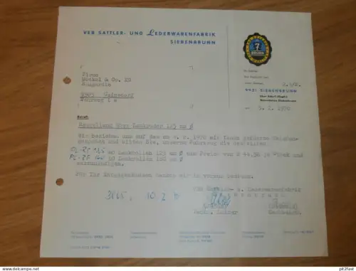 VEB Sattler- und Lederwarenfabrik in Siebenbrunn , 1970 , Herr Jacob , Hr. Petzold altes Dokument , Reklame / Werbung !!