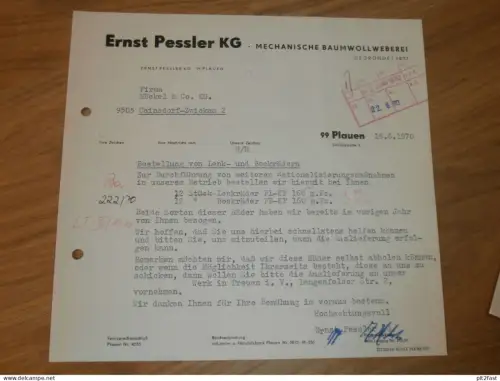 Baumwollweberei - Ernst Pessler KG in Plauen , 1970 , altes Dokument , Reklame / Werbung !!