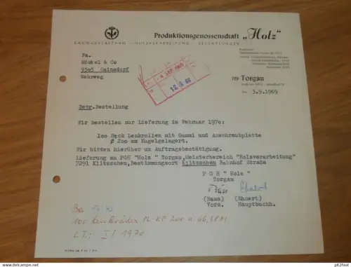 PGH "Holz" in Torgau , 1969 , Herr Bass , Herr Ehnert , altes Dokument , Reklame / Werbung !!