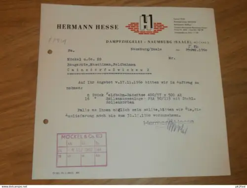 Dampfziegelei - Hermann Hesse in Naumburg a. Saale , 1960 , altes Dokument , Reklame / Werbung !!