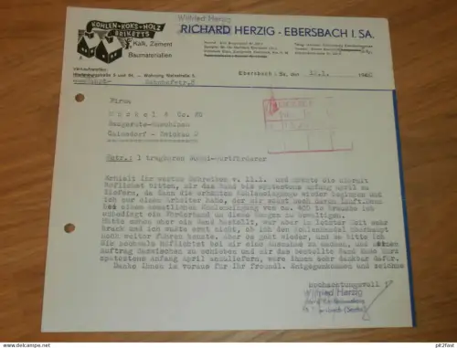 Baumaterialien Richard Herzig in Ebersbach i. Sa. , 1960 , altes Dokument , Reklame / Werbung !!
