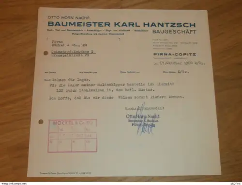 Baumeister Karl Hantzsch / Otto Horn in Pirna - Copitz , 1960 , altes Dokument , Reklame / Werbung !!