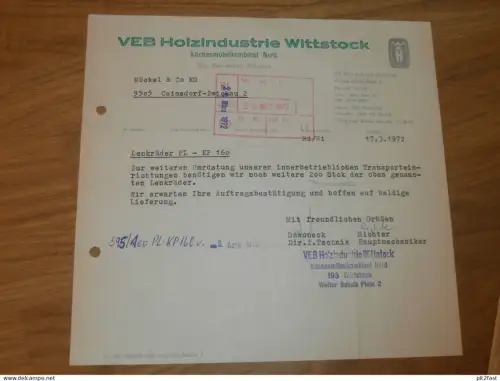 VEB Holzindustrie Wittstock , 1972 , Herr Dzwoneck , Hr. Richter , altes Dokument , Reklame / Werbung !!