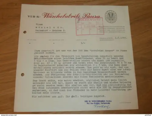 VEB Wäschefabrik Pausa i. Vogtland , 1959 , altes Dokument , Reklame / Werbung !!