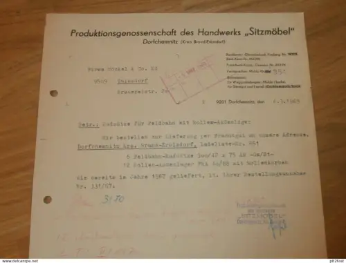 PGH des Handwerks " Sitzmöbel " in Dorfchemnitz , 1969 , Brand-Erbisdorf , altes Dokument , Reklame / Werbung !!