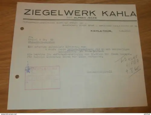 Ziegelwerk Kahla - Alfred Jecke , 1960 , altes Dokument , Reklame / Werbung !!