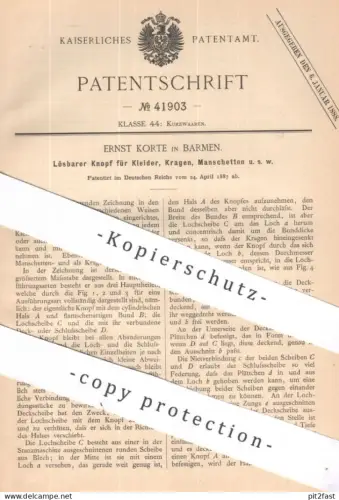 original Patent - Ernst Korte , Barmen | 1887 | Lösbarer Knopf für Kleider , Kragen , Manschetten | Knöpfe , Schneider !