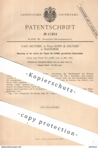 original Patent - Carl Reuther , Firma Bopp & Reuther , Mannheim | 1887 | geschützte Rohrschelle | Rohr Schelle | Ventil