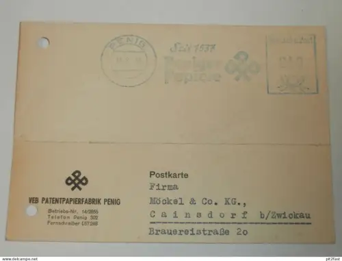 VEB Papierfabrik Penig , 1959 , Saalbach ,Hr. Pilz , Herr Zschaemisch , Karte , Reklame / Werbung !!