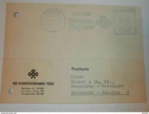 VEB Papierfabrik Penig , 1959 , Saalbach ,Hr. Pilz , Herr Zschaemisch , Karte , Reklame / Werbung !!