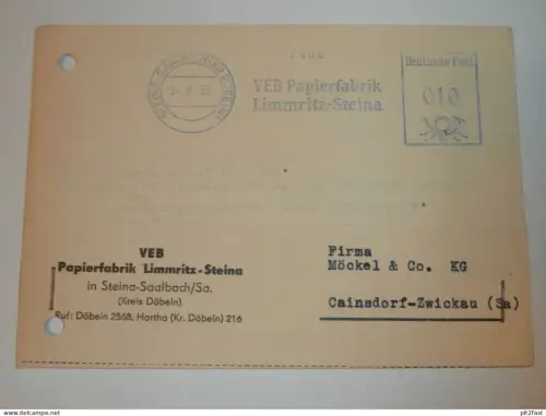 VEB Papierfabrik Limmritz - Steina b. Döbeln , 1959 , Saalbach ,Hr. Dittrich , Herr Röder , Karte , Reklame / Werbung !!