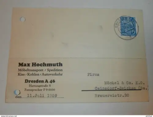 Möbeltransport - Max Hochmuth in Dresden , 1959 , Karte , Reklame / Werbung !!