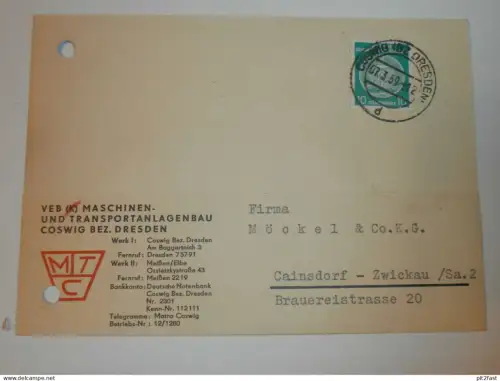 VEB Transportanlagenbau - Coswig b. Dresden , 1959 , Hr. Franke , Karte , Reklame / Werbung !!