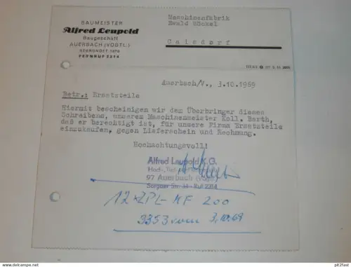 Baumeister - Alfred Leupold in Auerbach i. Vogtl., 1969 , Karte , Reklame / Werbung !!