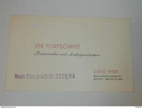 VEB Fortschritt - Polstermöbel - Greiz i. Thür. , 1958 , Karte , Reklame / Werbung !!
