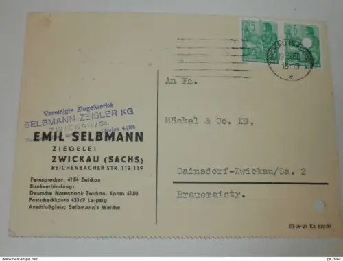 Ziegelei - Emil Selbmann / Zeisler in Zwickau , 1960 , Karte , Reklame / Werbung !!